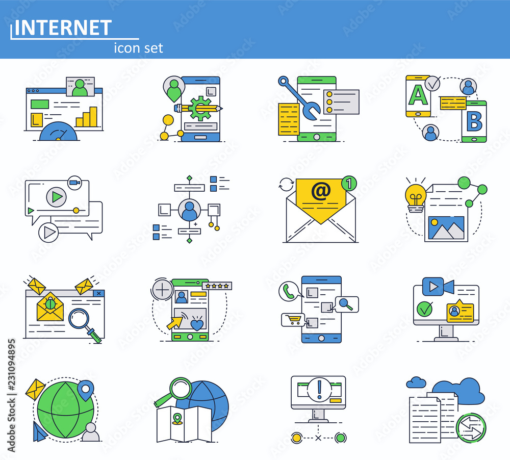 Poster vector set of internet online services icons in thin line style. cyber security, email and social me