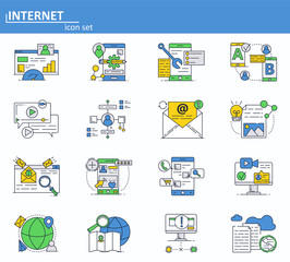 Vector set of Internet online services icons in thin line style. Cyber security, email and social media network. Website UI and mobile web app icon. Outline design illustration.