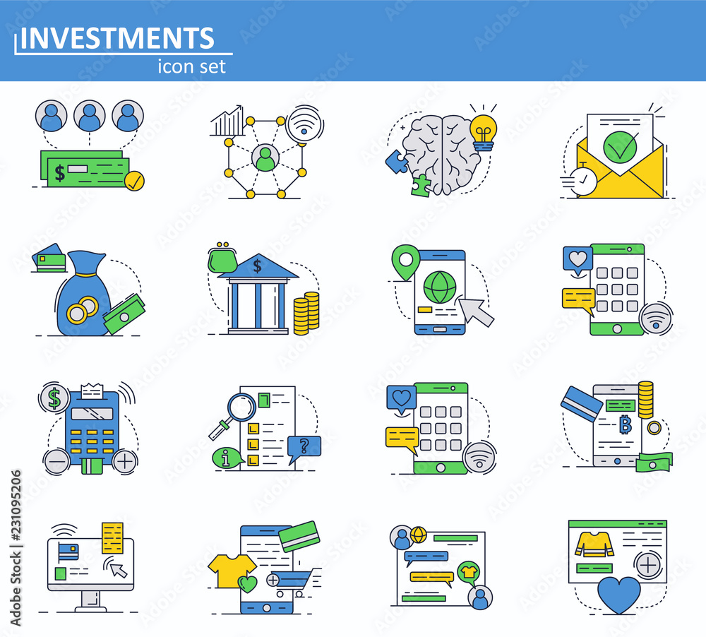 Aufkleber vector set of digital money services, finance and bank icons in thin line style. investment and onln