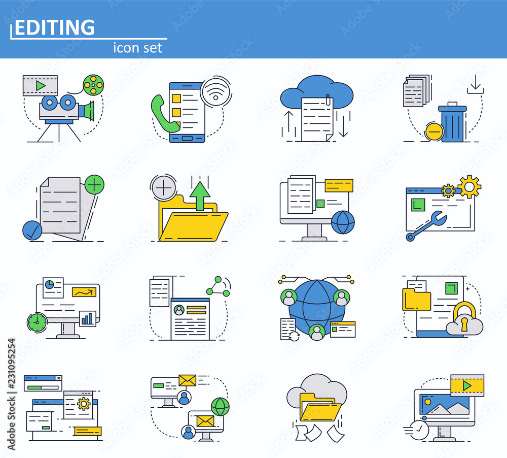 Poster vector set of computer services icons in thin line style. messages, email, cloud storage. website ui