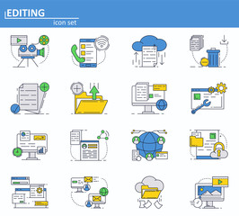 Vector set of computer services icons in thin line style. Messages, email, cloud storage. Website UI and mobile web app icon. Outline design illustration.