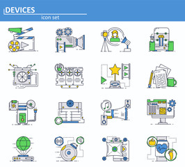 Vector set of computer hardware devces and movie production icons in thin line style. Website UI and mobile web app icon. Outline design illustration.