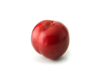 Very ripe fresh harvested plum, isolated on white. Shiny red plum on white surface.