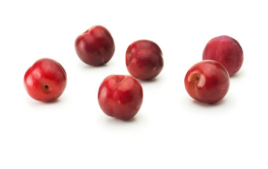 Fresh harvested red ripe plums, isolated on white. Five shiny red plums on white surface.