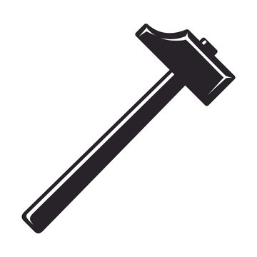 Vintage hammer, monochrome icon, blacksmith tools. Vector illustration, isolated on white background. Simple shape for design logo, emblem, symbol, sign, badge, label, stamp.