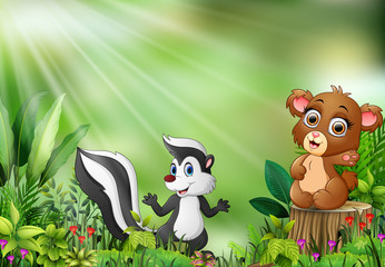 Cartoon of the nature scene with a baby bear sitting on tree stump and raccoon