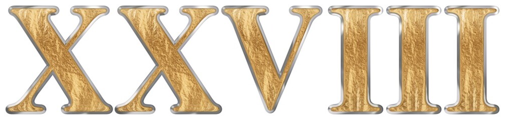 Roman numeral XXVIII, octo et viginti, 28, twenty eight, isolated on white background, 3d render
