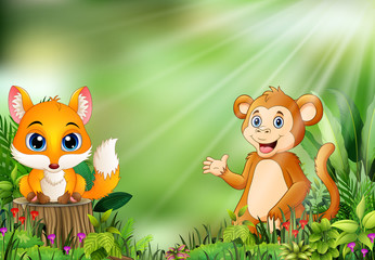 Cartoon of the nature scene with a baby fox standing on tree stump and monkey
