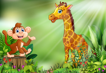Cartoon of the nature scene with a monkey sitting on tree stump and giraffe