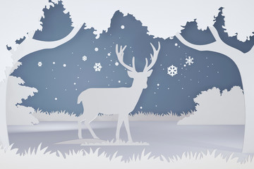 Paper art and craft style of Deer in the forest with copy space, Create custom greeting cards given on special occasions such as Happy new year, Christmas or other holidays, 3D rendering desig