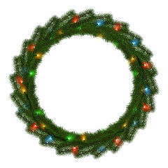 Fototapeta na wymiar Green Christmas wreath with light string vector isolated on white background. Xmas round garland dec