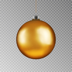 Christmas gold ball handing on string. Xmas vector bauble isolated on transparent background. New Ye - 231100696