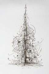 Creative concept christmas tree abstract ink pen drawing. Abstract forms and elements growing or forming into a tree.