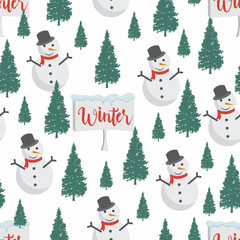 Cool Winter Pine Snowman Seamless Pattern Background Wallpaper