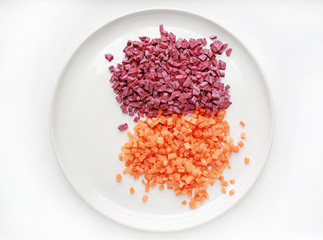 Chopped sweet purple potatoes and carrot on plate against white background.