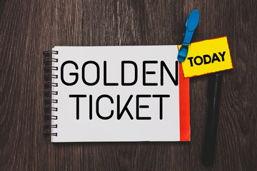 Writing note showing Golden Ticket. Business photo showcasing Rain Check Access VIP Passport Box Office Seat Event Open notebook white page clothespin holding reminder wooden background
