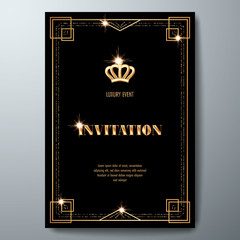 VIP invitation template with golden crown and art deco frame on black background