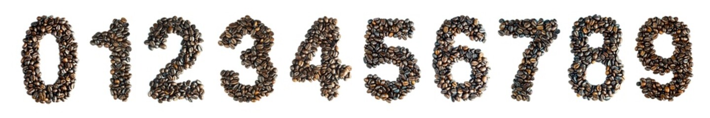 collection coffee beans are numbered 0 1 2 3 4 5 6 7 8 9 Zero one two three four five six seven eight nine. digits from count isolated on white background and clipping path.