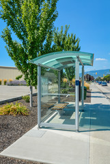 Urban bus stop shelter at roadside. Transparent bus stop station on summertime in British Columbia.
