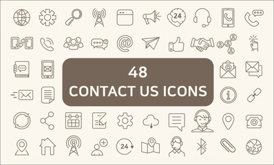Set Of 48 Contact Us Outline Icons Set.Collection Of links, caffeine, call, bullhorn And Other Elements. customize color, stroke width control , easy resize.