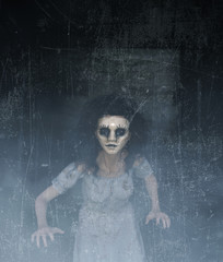 ghost woman in creepy mask as she have to hiding her face,3d illustration