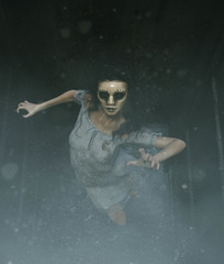 ghost woman in creepy mask as she have to hiding her face,3d illustration