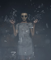ghost woman in creepy mask as she have to hiding her face,3d illustration