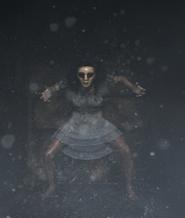 ghost woman in creepy mask as she have to hiding her face,3d illustration