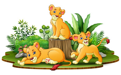 Group of lion cartoon in the park with green plants