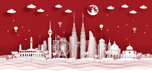 Obraz premium Panorama postcard of world famous landmarks of Kuala Lumpur, Malaysia in paper cut style vector illustration