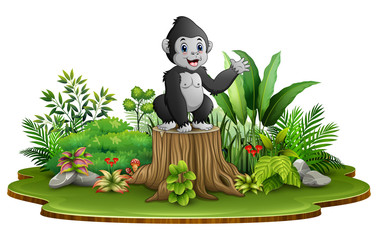 Cartoon happy baby gorilla sitting and waving on tree stump with green plants © dreamblack46