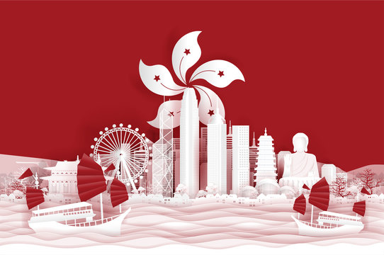 Hong Kong flag and famous landmarks in paper cut style vector illustration.
