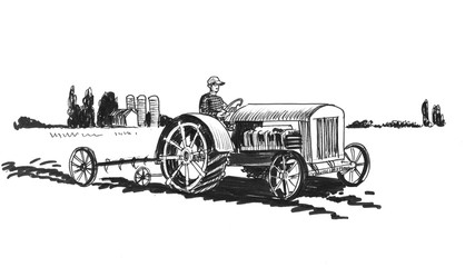 Ink black and white drawing of a farmer driving a retro tractor