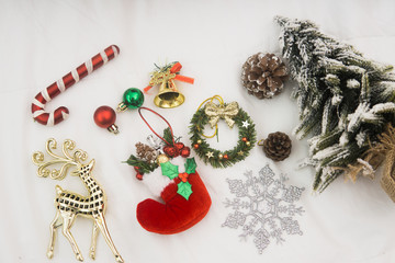 Christmas holiday decorations with blackboard on white background.