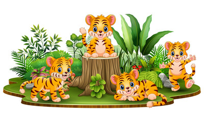 Happy baby tiger group with green plants