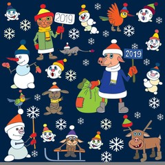 Christmas vector. Snowmen. Little birds. Year of the pig.