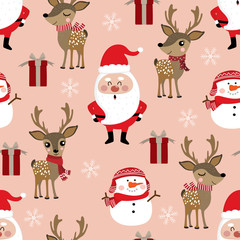 Cute Christmas holidays cartoon seamless pattern and background. Santa Clause, deer, snowman and gift vector.