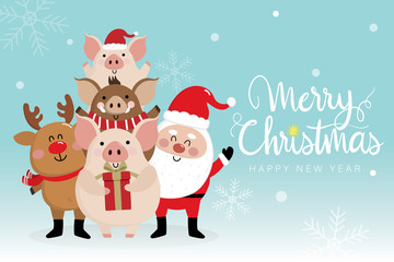 Merry Christmas greeting card with Santa Clause, deer, piggy and boar. 2019 year of the pig. Cute animal holiday cartoon character vector. Calligraphy hand written.