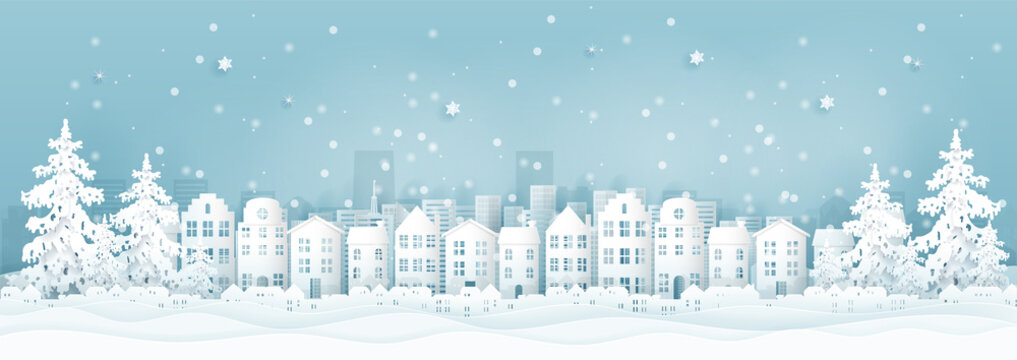 Winter city with houses, buildings and Christmas tree, Christmas card in paper cut style vector illustration