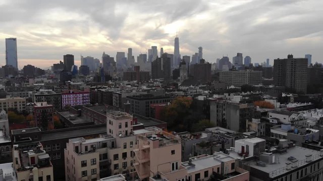 Manhattan buildings rooftops at sunset time in New York City