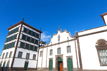 Tower and facade of the Convent of Our Lady of Hope, the sanctuary of the Lord Holy Christ of the Miracles in Ponta Delgada, Azores, Portugal. 