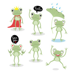 Cute frog cartoon character set. Animal wildlife with bubble speech vector.