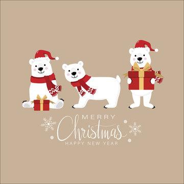 Merry Christmas and happy new year greeting card with cute white polar bear and gift. Animal holidays cartoon character.