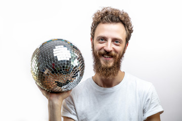 Emotional shot of cheerful caucasian unshaven mid-aged guy in casual t-shirt, looking really happy...