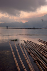 sunrise over mountain lake in asia