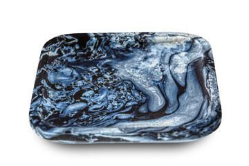 Blue black marble plate isolated on white background.