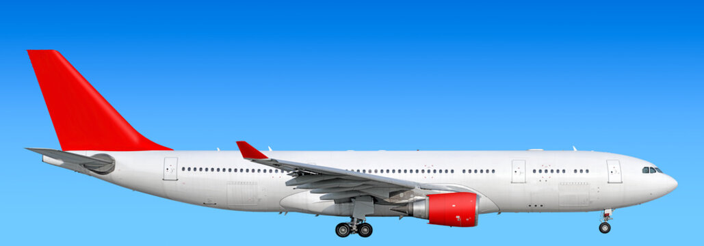 Large heavy modern wide body passenger twin jet engine airplane gear down side panoramic detailed close up exterior view reference isolated on blue sky background air travel transportation red theme