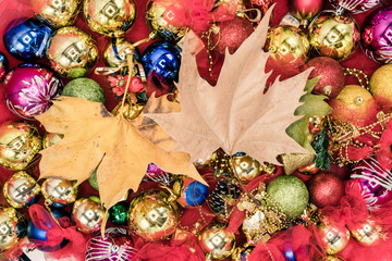 Dried nature with colorful christmas decorations.