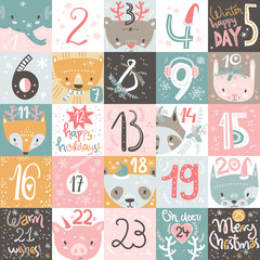 Christmas advent calendar. Hand drawn modern design elements and