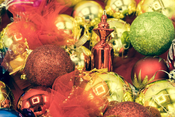 Christmas balls and red ornaments.